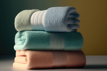 Multicolored towels stack. Pile of fluffy colorful towels. Cotton bathroom spa textile. Generative AI