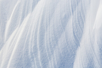 Obraz premium Beautiful winter background with snowy ground. Natural snow texture. Wind sculpted patterns on snow surface.