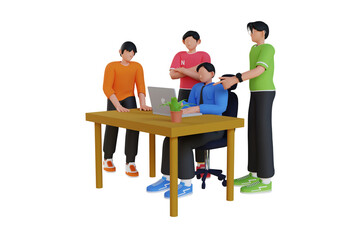 Happy business team, colleagues rejoicing success, achievement, victory, progress at work together. Good successful teamwork concept. 3D Cartoon Character. 3D Illustration