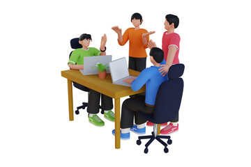 Happy business team, colleagues rejoicing success, achievement, victory, progress at work together. Good successful teamwork concept. 3D Cartoon Character. 3D Illustration