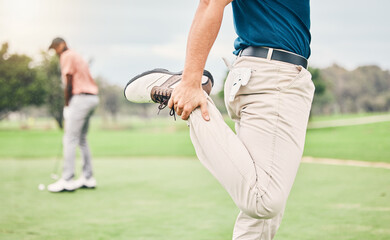 Golf, sports and man stretching legs on course for game, practice and training for competition. Professional golfer, fitness and male athlete warm up for exercise, activity and golfing recreation