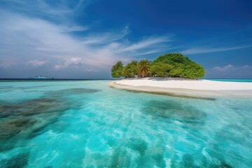 Gulhi Island, Maldives, has a paradisiacal white sand beach with turquoise water on a nice summer day. Generative AI