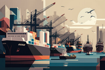 Fototapeta premium Abstract illustration of a busy seaport with cargo ships, cranes, and cargo containers against a city skyline, generative ai
