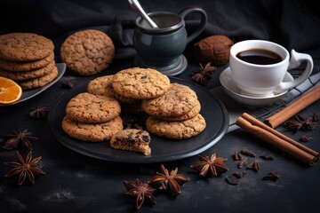 On a black table are homemade oatmeal cookies, a tea cup, a spoon, a cinnamon stick, and a star anise. text room for copying. Lay flat. Generative AI