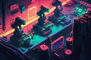 Abstract image of a neon-colored assembly line with robotic arms assembling products, generative ai