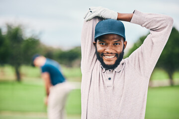 Golf, smile and portrait of black man stretching arms on course for game, practice and training for...