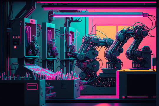 Abstract Image Of A Neon-colored Assembly Line With Robotic Arms Assembling Products, Generative Ai