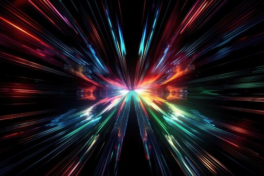 Space hyperjumping neon rays that shine in various colors. tunnel motion zooming in at high speed. Generative AI