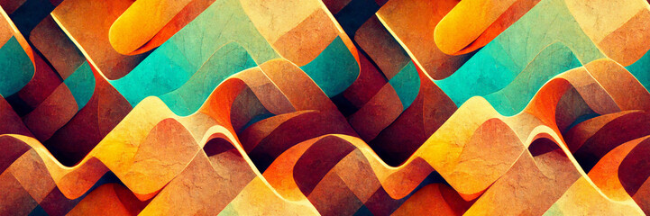 A colorful, energetic abstract panoramic background of vibrant shades and tones in an intricate pattern with angular curves and geometric figures. For a retro-style header or banner. Generative AI.