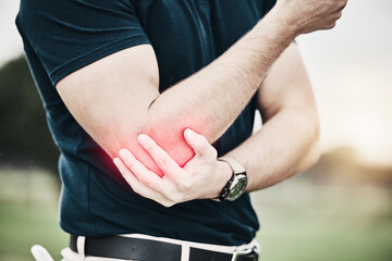 Sports, elbow pain and man on golf course holding arm during game massage and relief in health and...