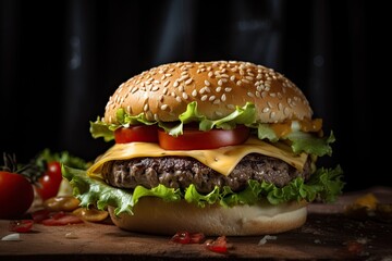 hamburger on black background - Illustration created with generative ai