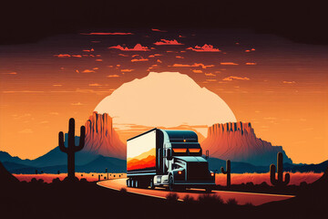 Fototapeta na wymiar Clean and minimalistic graphic design of a truck driving on a road with a sunrise in the background, generative ai