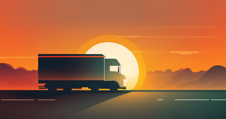 Clean and minimalistic graphic design of a truck driving on a road with a sunrise in the background, generative ai