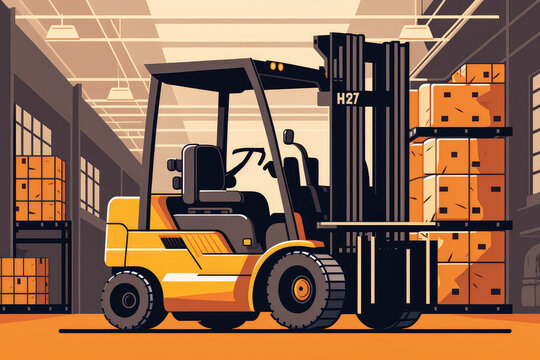 Clean and modern illustration of a forklift in a warehouse, generative ai