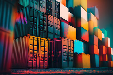 Fototapeta premium Container Yard close-up shot of colorful stacked cargo containers in a container yard with a blurred background of cranes and ships, generative ai