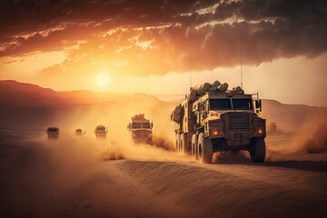 convoy of military trucks driving through a dusty desert with a stunning sunset in the background, generative ai
