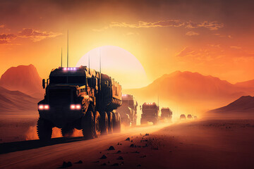convoy of military trucks driving through a dusty desert with a stunning sunset in the background, generative ai - obrazy, fototapety, plakaty