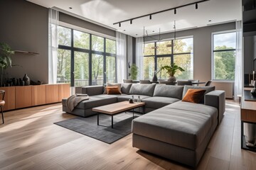 Spacious living room with wooden floor and big windows, gray corner sofa and dining area. Generative AI