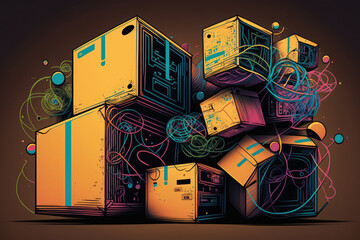 creative and colorful illustration of a stack of cardboard boxes with neon outlines representing the fulfillment and delivery process, generative ai