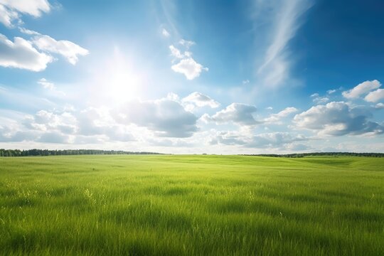 Grassy meadow and sunny sky with clouds in the distance. Wide summer landscape background in soft focus. Generative AI
