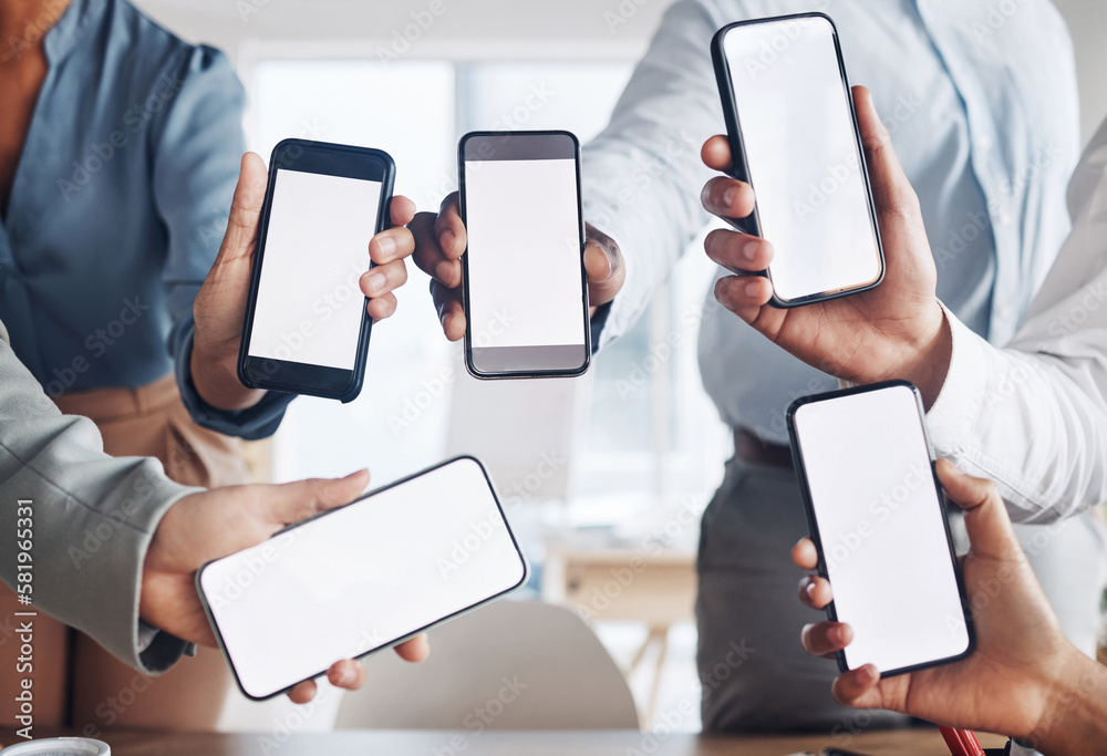 Poster business people, hands or phone screen on mockup in office networking, advertising or digital market