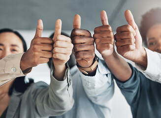 Hands together, thumbs up and diversity, team and business people, solidarity and agreement with unity in workplace. Corporate community, support and zoom with professional group and collaboration