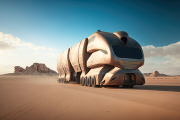 Fototapeta na wymiar Futuristic Cargo Truck on a Desert Highway, generative ai