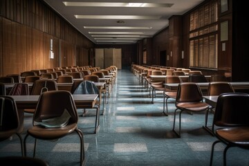 Fototapeta na wymiar Rows of chairs in the big classroom. Generative AI