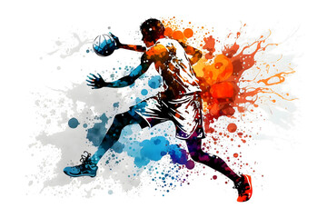 Basketball watercolor splash player in action with a ball isolated on white background. Neural network AI generated art