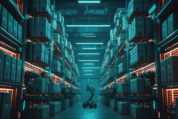 Futuristic warehouse with towering shelves and robotic arms working in a neon-lit environment, generative ai