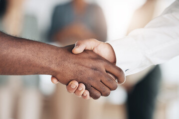 Hiring, black man or businessman shaking hands in b2b meeting or startup project or financial deal. Teamwork, handshake zoom or African worker with job promotion success or partnership agreement