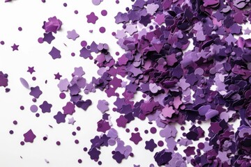 Violet confetti in the form of stars isolated on white background. Festive day backdrop. Flat lay style with minimalistic design. Template for banner or party invitation. Generative AI