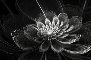 tiny wire structure on the surface of a monochromatic, black and white abstract painting with an extraterrestrial star flower in an organic curve that is in the process of changing. Generative AI
