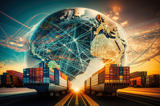 Global Freight Network Abstract 3D rendering of a global freight and shipping network, featuring cargo planes, ships, and trucks connecting continents, generative ai