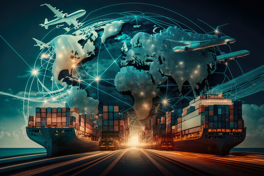 Global Freight Network Abstract 3D rendering of a global freight and shipping network, featuring cargo planes, ships, and trucks connecting continents, generative ai