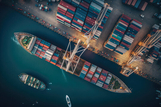 Global Trade Routes Aerial View Of A Busy Shipping Port With Container Ships, Cranes, And Cargo Boxes, Generative Ai