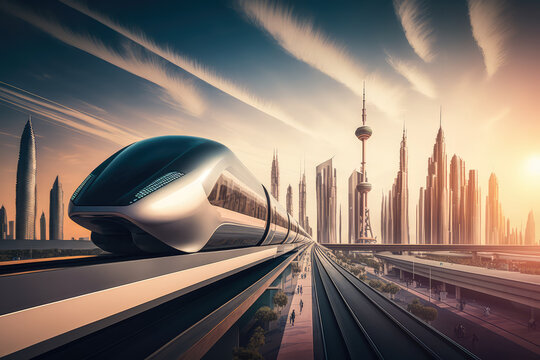Hyperloop Train Racing through City Skyline, generative ai