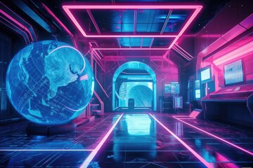 Interior of a blue and pink spaceship with a neon lit globe map. A futuristic space station hallway with a projected image of Earth is. Generative AI