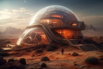 Fototapeta na wymiar house built in the future on the planet Future design of homes, houses on Mars, and Martian. Generative AI