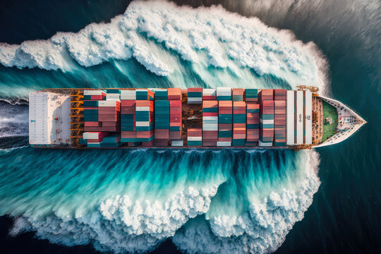 mesmerizing aerial view of a modern container ship sailing through the ocean, leaving a trail of white foam behind it, generative ai