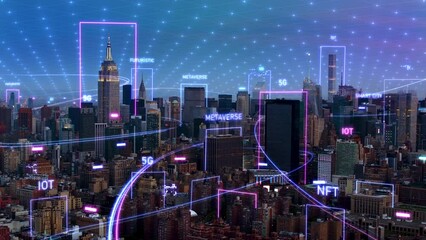 Aerial View Panoramic Skyline Smart City Business Network Formation Futuristic Technology AI, 5g Network. Manhattan, New York City. Holographic Animations and Networks. - Powered by Adobe