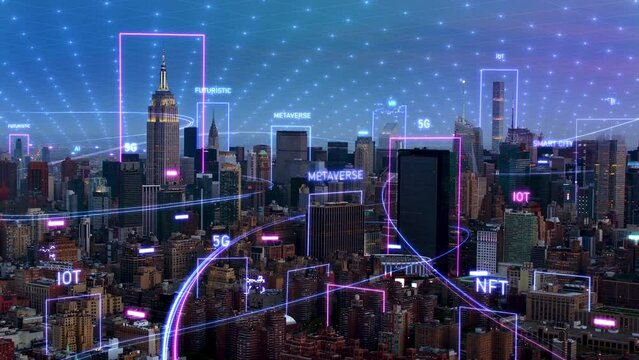 Aerial View Panoramic Skyline Smart City Business Network Formation Futuristic Technology AI, 5g Network. Manhattan, New York City. Holographic Animations and Networks.