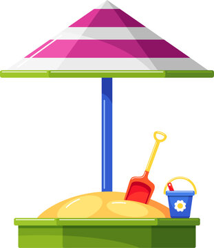 Sandbox with sand, toy bucket and shovel for kids summer games on playground. Outdoor entertainment equipment. Vector colorful flat illustration isolated on white background