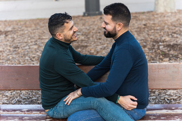 gay couple in the park, cuddling, loving and playful