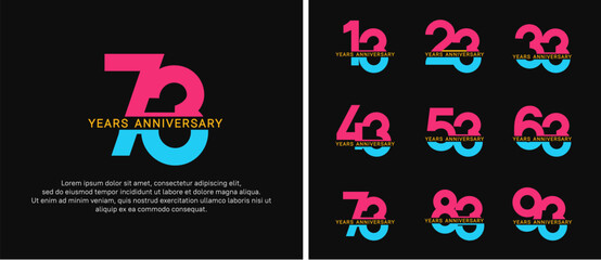 set of anniversary logo style pink and blue color on black background for celebration