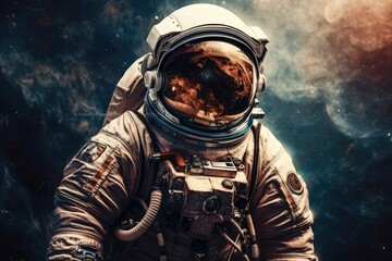 Epic view of an astronaut or cosmonaut in spacesuit in space with stars, nebula and galaxy around him. Sci fi and fantasy theme. Stars in the image furnished by NASA. . Generative AI