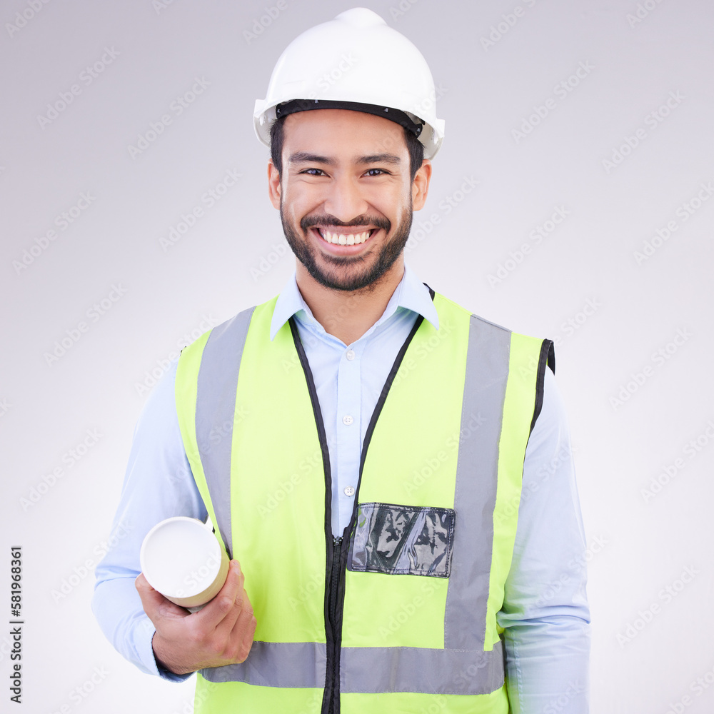 Poster portrait of construction worker man isolated on a white background engineering, architecture and des