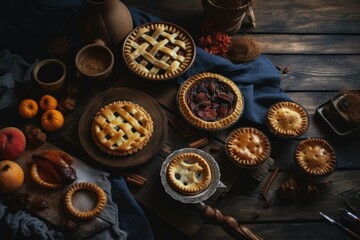 Place made pies behind the text on a dark wooden background in a postcard or banner with copy space. Generative AI