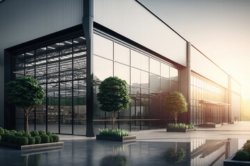 Stylish and modern logistics center with glass walls, natural lighting, and lush greenery inside, generative ai