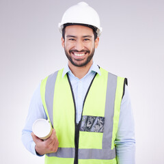 Portrait of construction worker man isolated on a white background engineering, architecture and...